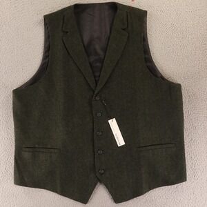 Tweed Vest Mens 50 2XL Green Herringbone Wool Blend Lapel Pockets NEW